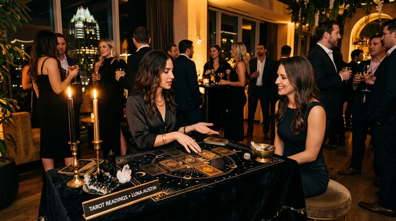 Professional tarot reader performing at a high-end Austin corporate cocktail party