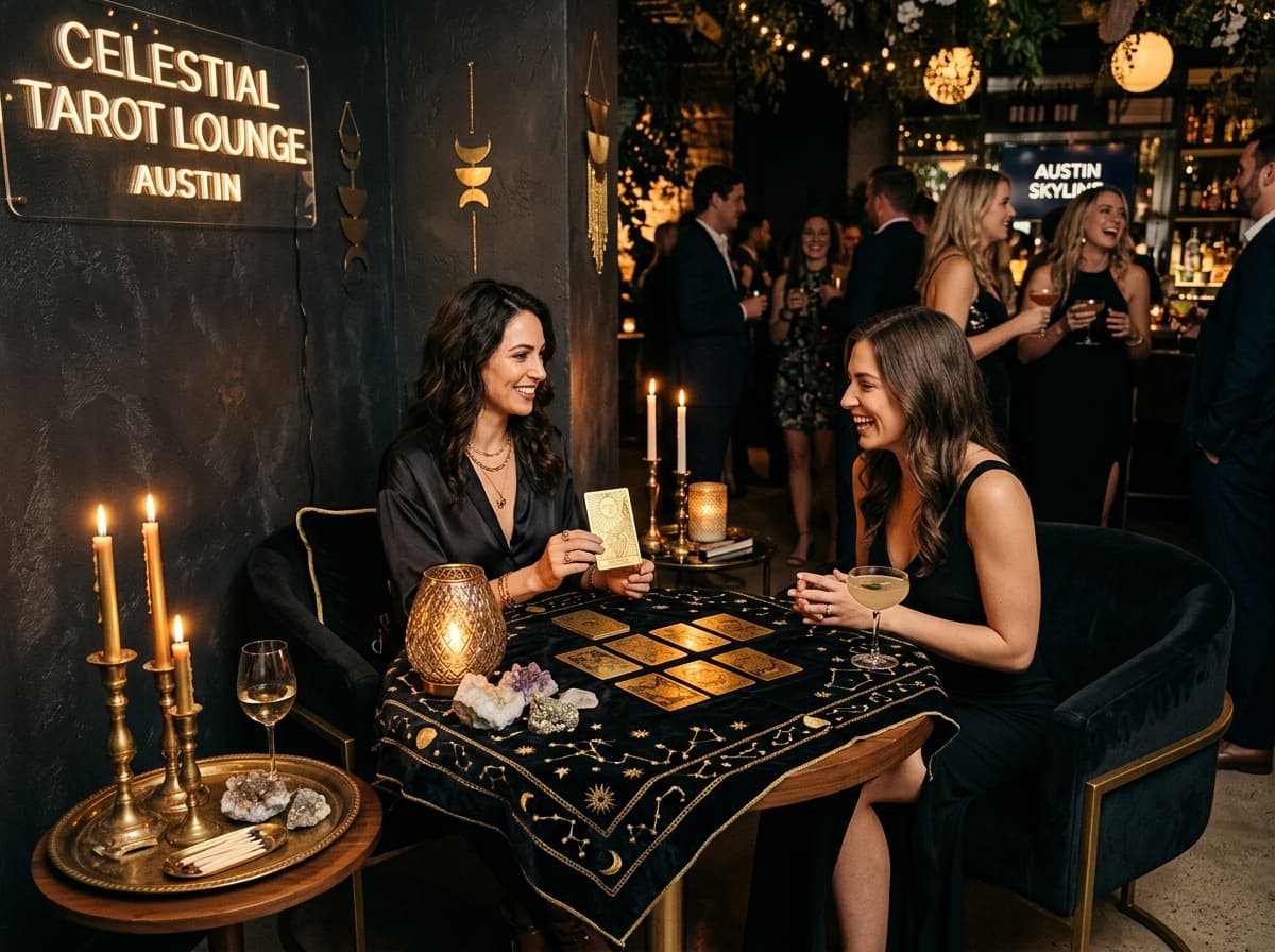 Celestial tarot reading lounge setup for Austin events